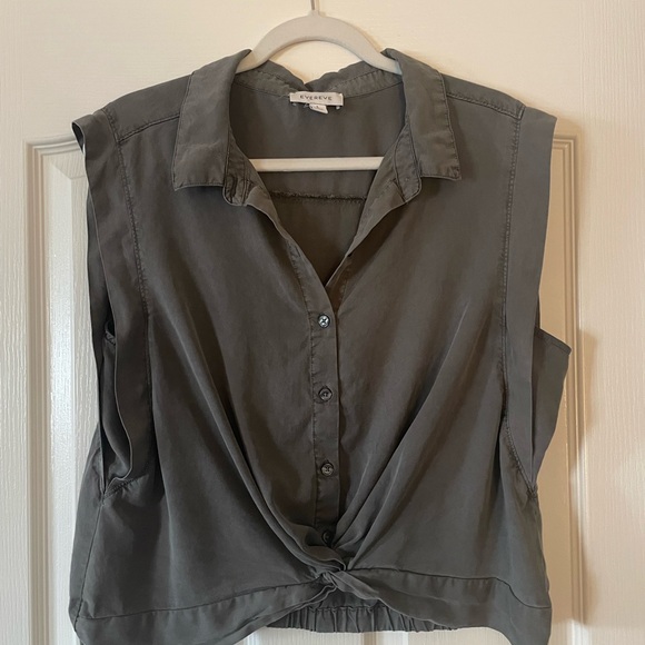 Evereve Olive Green Button-Down Shirt | Twist Tie Front Notched Collar | Size L - Picture 2 of 9